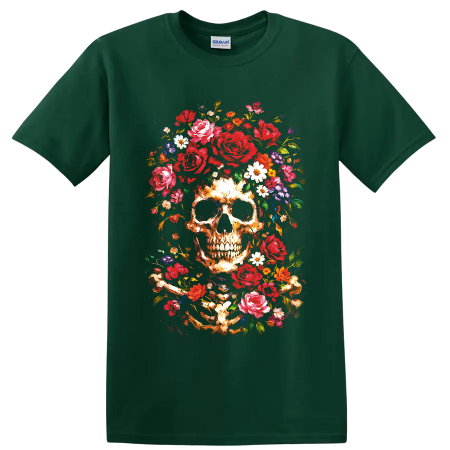Painterly ivory skull surrounded by red roses, colorful wildflowers, and golden stems on a Forest Green T Shirt