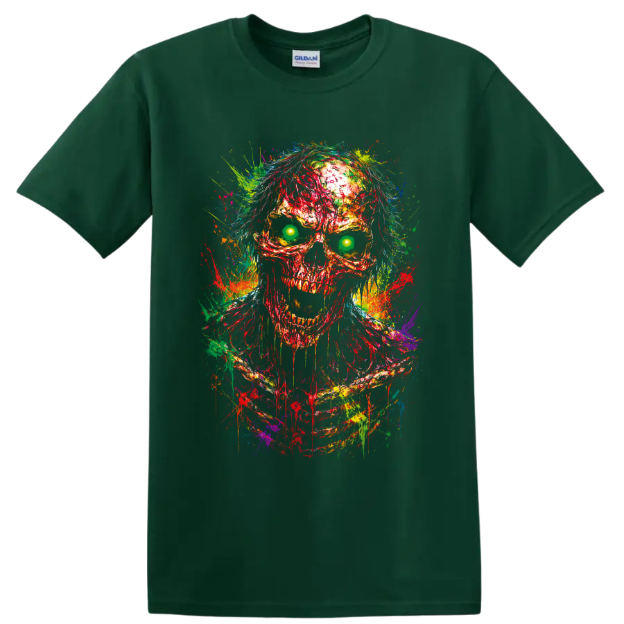 Neon zombie skull illustration with glowing green eyes and multicolor paint splatters on a Forest Green T Shirt
