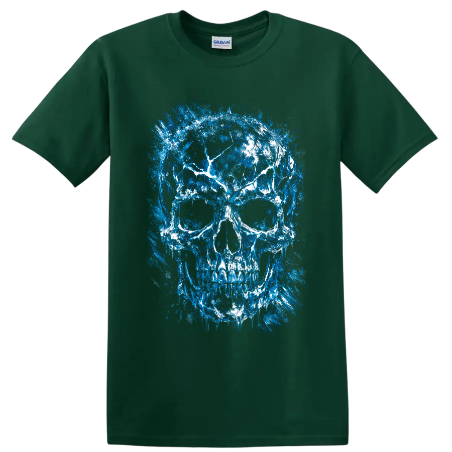 Distressed blue and white skull illustration with painterly grunge splatter texture on a Forest Green T Shirt
