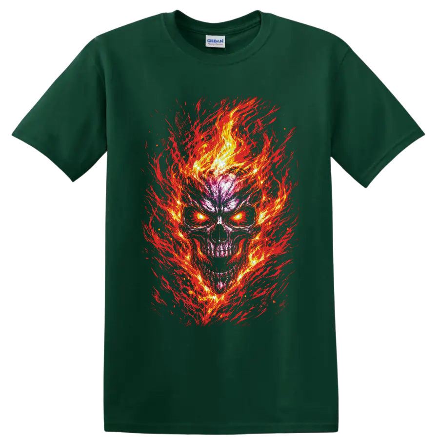 Flaming skull illustration with glowing yellow eyes and fiery red brushstrokes on a Forest Green T Shirt