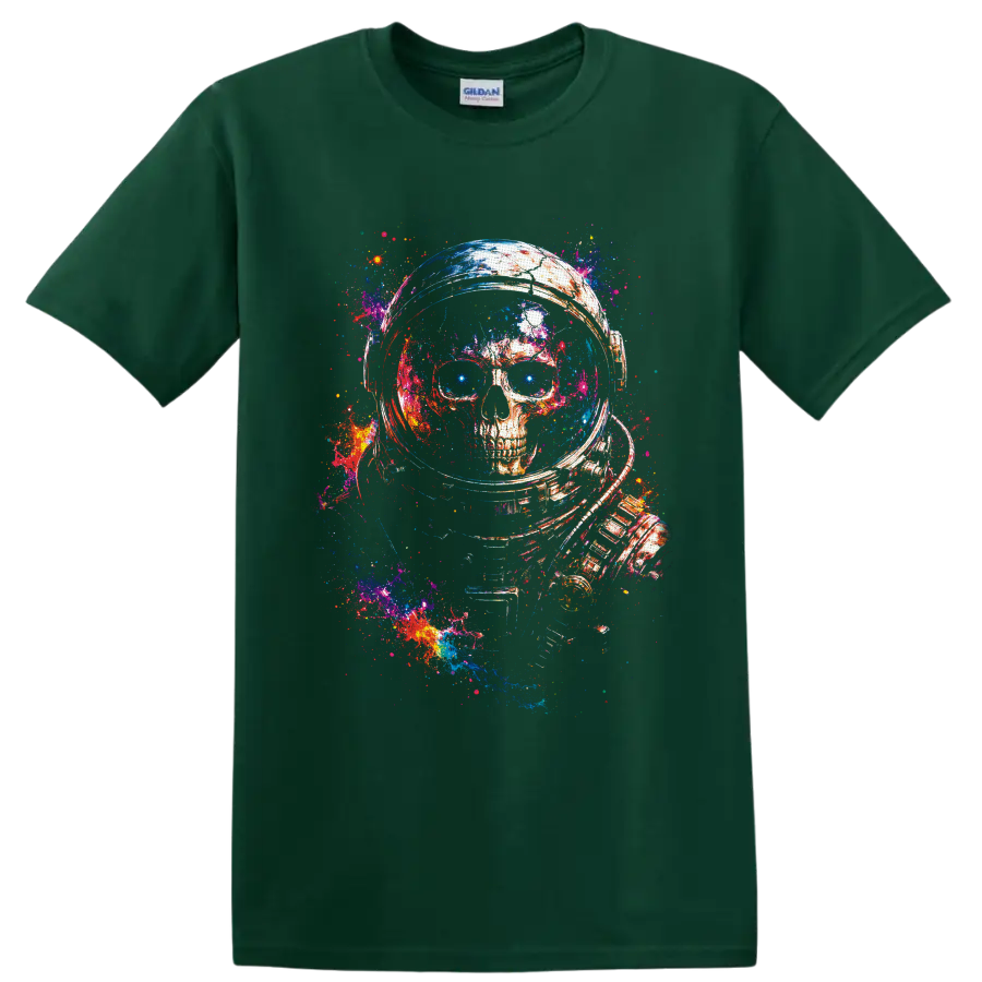 Astronaut skull in a space helmet with vivid galaxy paint-splatter art on a Forest Green T Shirt
