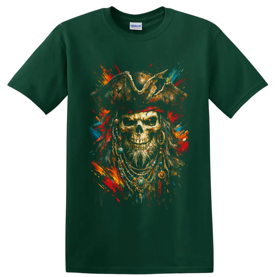 Gothic pirate skull in a weathered hat with colorful distressed paint splatters on a Forest Green T Shirt