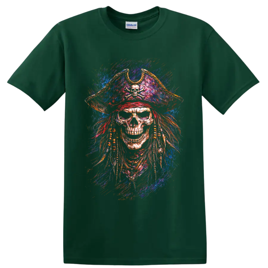 Colorful pirate skull with crossbones tricorn hat and vivid paint-splash gothic art on a Forest Green T Shirt