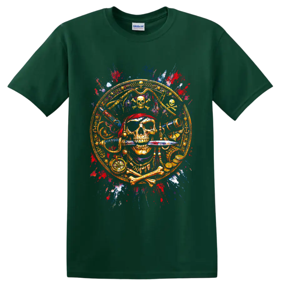 Ornate pirate skull with sword, compass, telescope and treasure in paint-splatter art on a Forest Green T Shirt