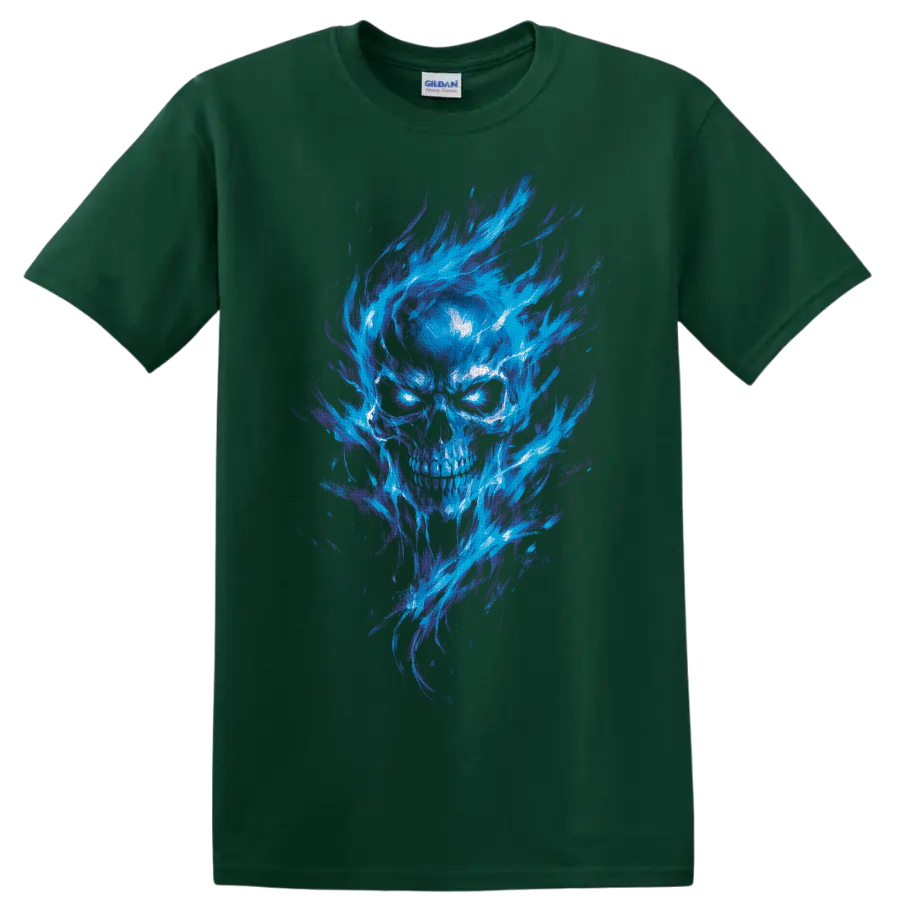 Gothic skull illustration with glowing cyan eyes and sweeping blue-purple flames on a Forest Green T Shirt