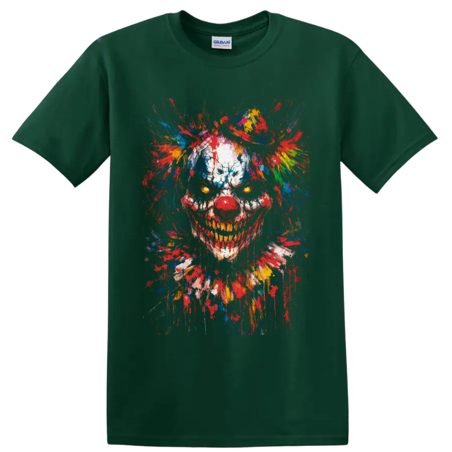 Skull clown portrait with glowing eyes and vivid multicolor paint splatters on a Forest Green T Shirt