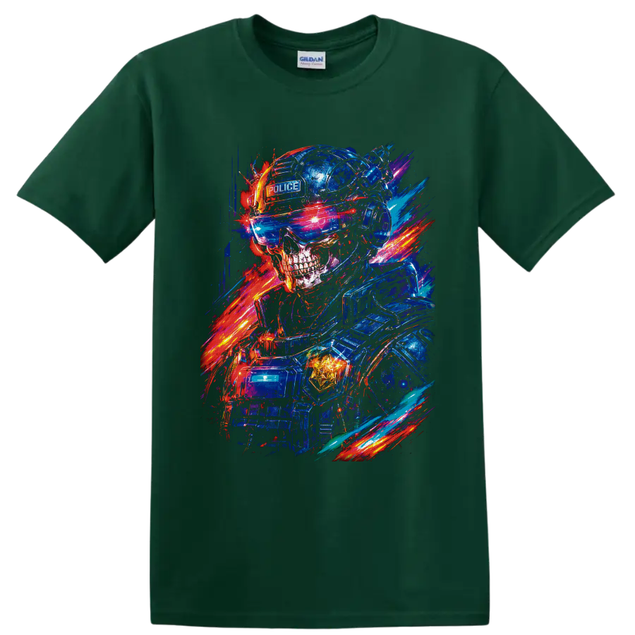 Neon cyberpunk police skull in tactical helmet and visor with electric light trails on a Forest Green T Shirt