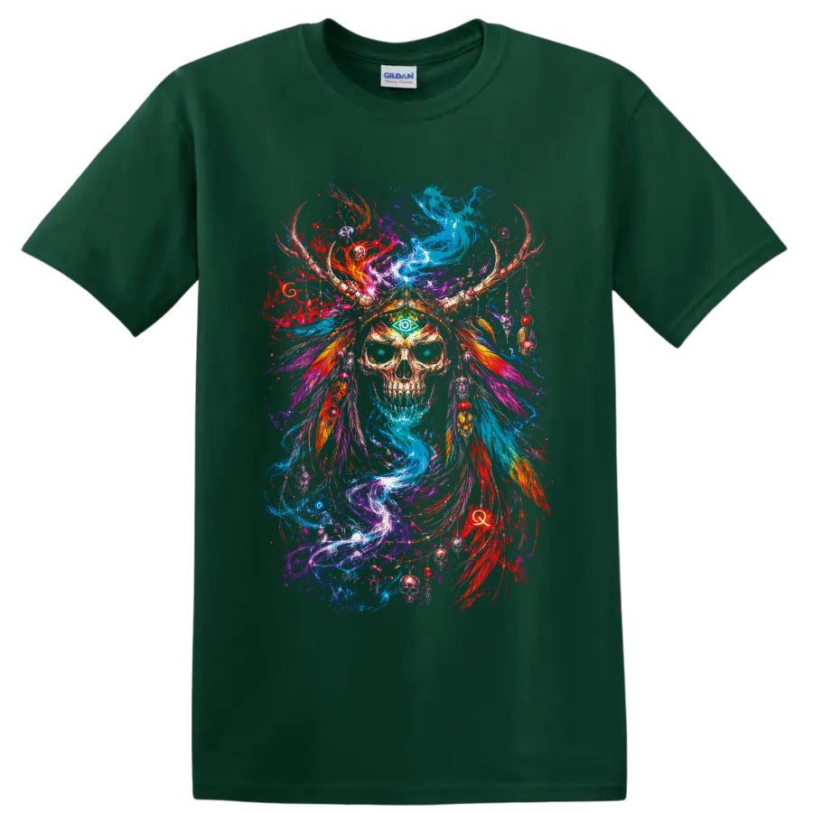 Psychedelic skull with green third eye, antler headdress, feathers, and swirling color on a Forest Green T Shirt