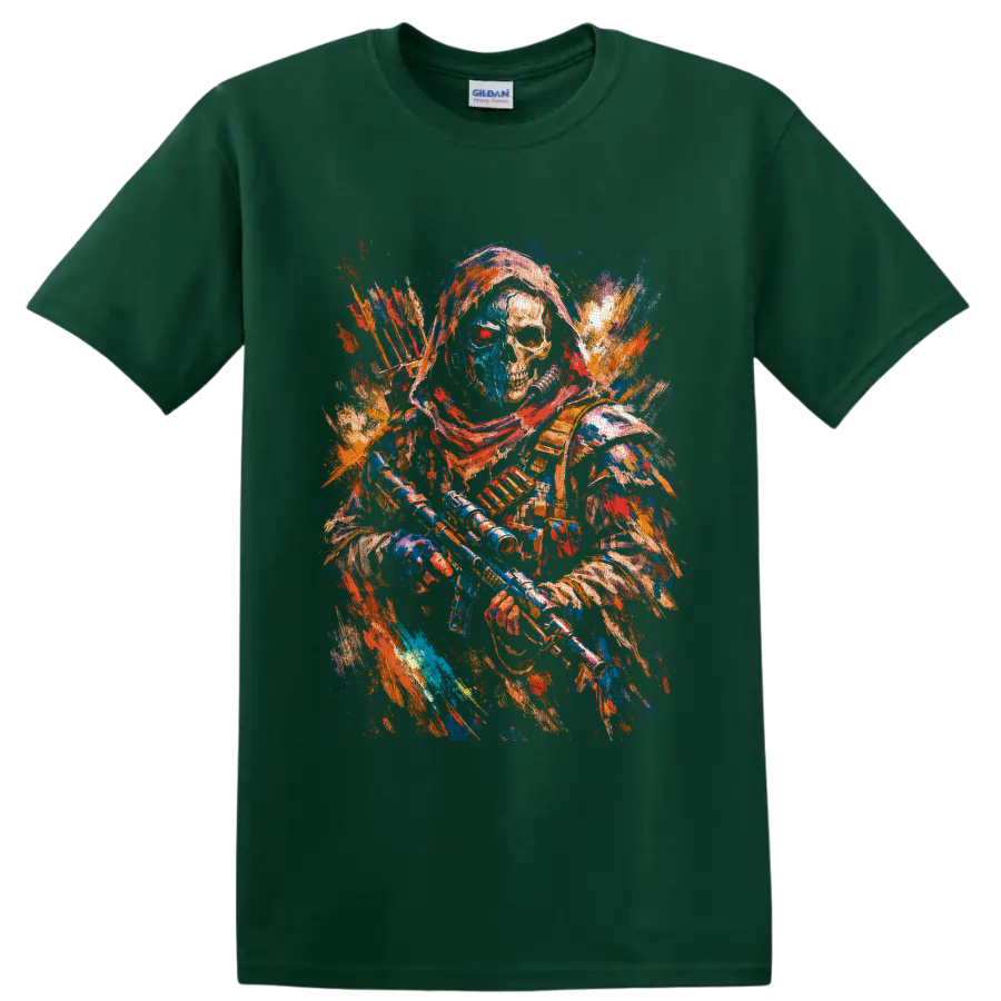 Colorful paint-splatter skeleton archer with bow, arrows, and gothic fantasy details on a Forest Green T Shirt