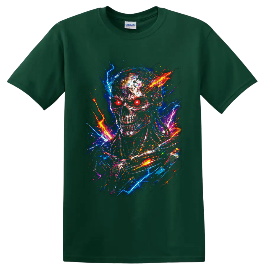 Cyberpunk robot skull with red eyes, neon lightning, fiery sparks, and glitch art on a Forest Green T Shirt