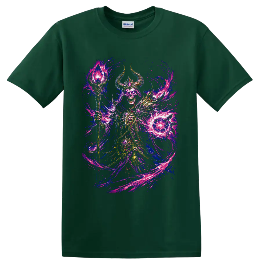 Skeletal necromancer with horned armor, crystal staff, and swirling purple flames on a Forest Green T Shirt