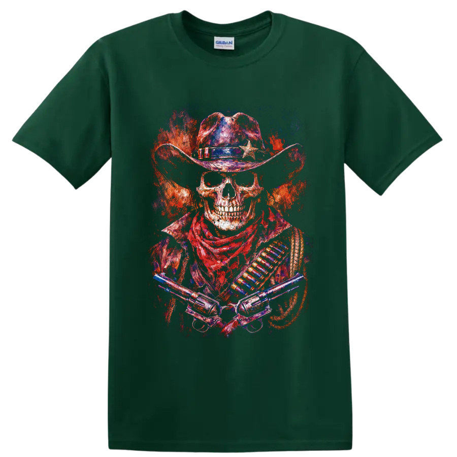 Distressed skeleton cowboy gunslinger with star hat, crossed revolvers, and fiery on a Forest Green T Shirt
