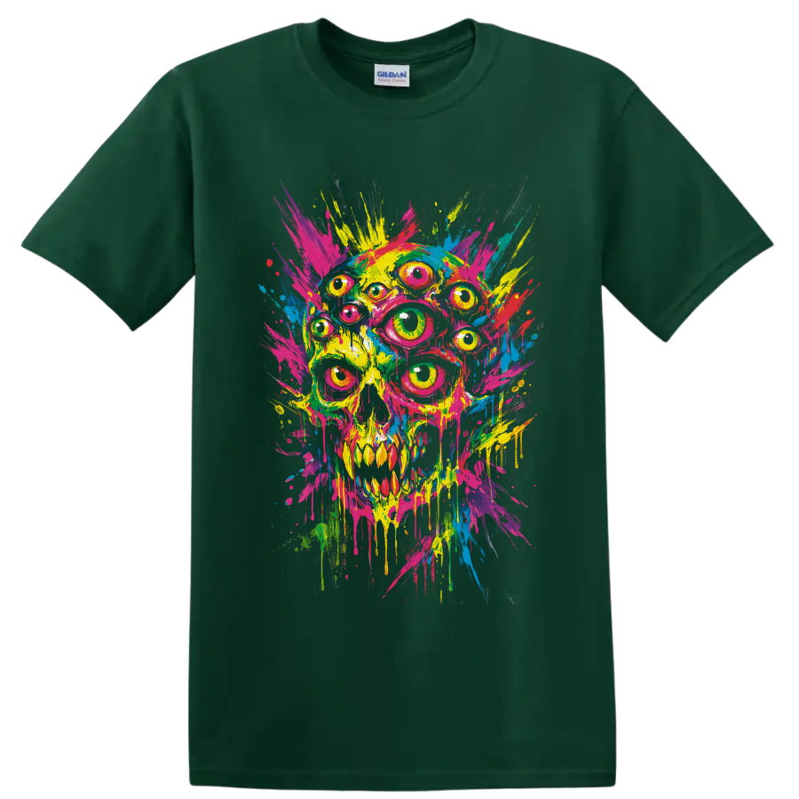 Psychedelic multi-eyed skull in neon paint splash and dripping street art style on a Forest Green T Shirt