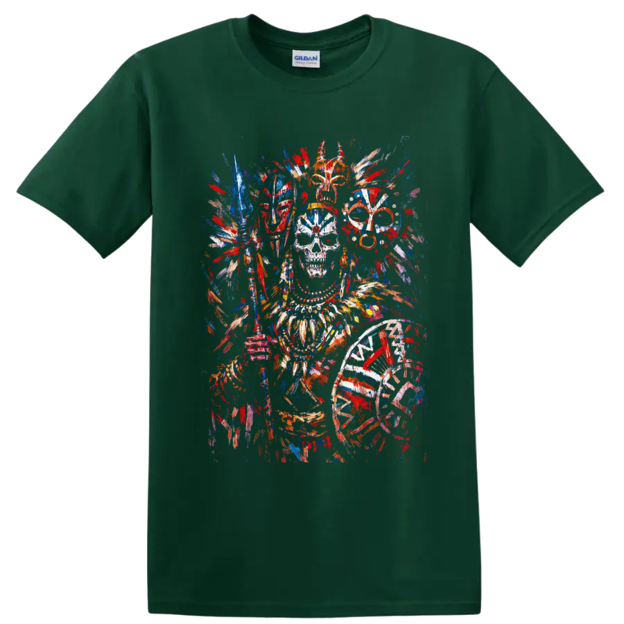 Colorful skull with ornate feathered headpiece, masks, spear, and shield in paint on a Forest Green T Shirt