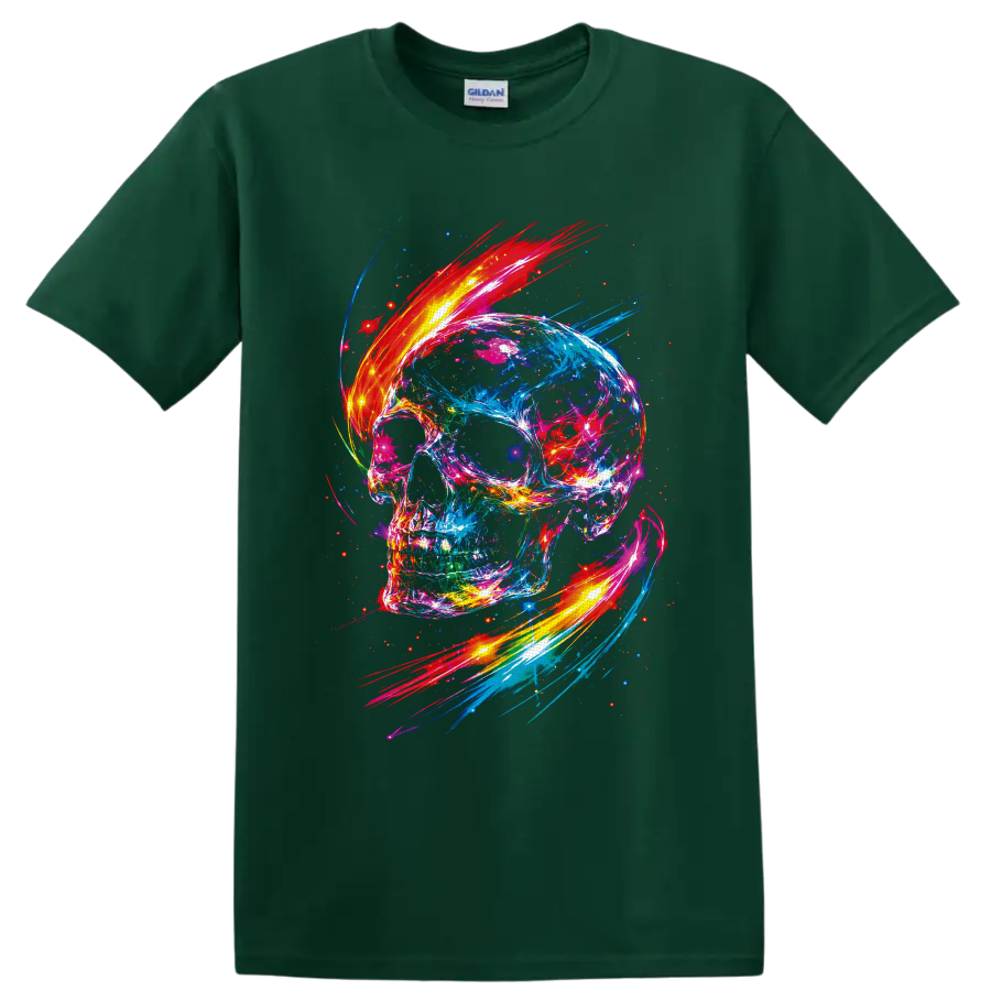 Neon abstract skull with colorful paint splashes, glowing streaks, and scattered sparks on a Forest Green T Shirt