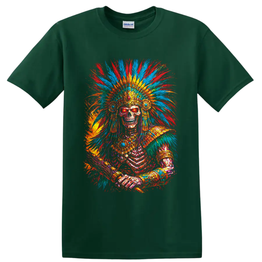 Colorful gothic skeleton with ornate feather headdress and jeweled paint-splash art on a Forest Green T Shirt