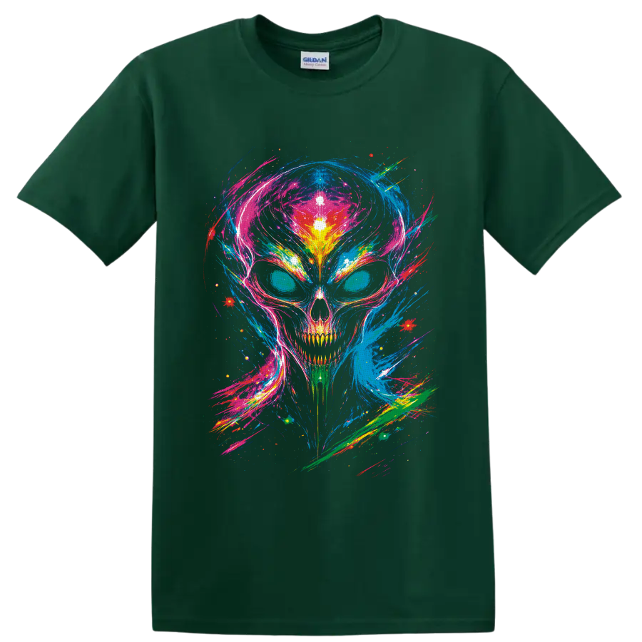 Psychedelic neon skull with cosmic paint splashes and glowing abstract bursts on a Forest Green T Shirt