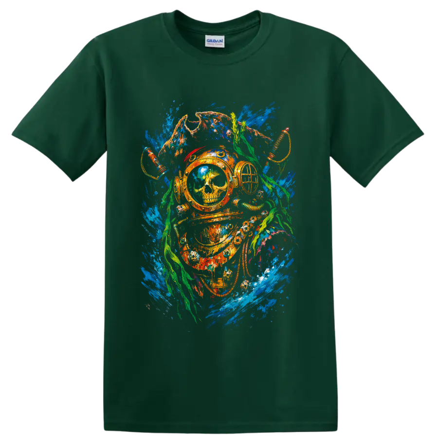 Vintage deep-sea diver helmet with skull, octopus tentacles, seaweed, and blue water on a Forest Green T Shirt