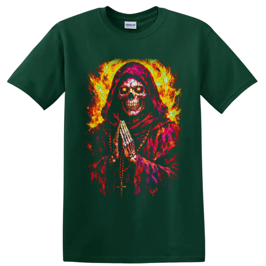 Fiery hooded grim reaper skull with praying hands, cross, and glowing eyes on a Forest Green T Shirt