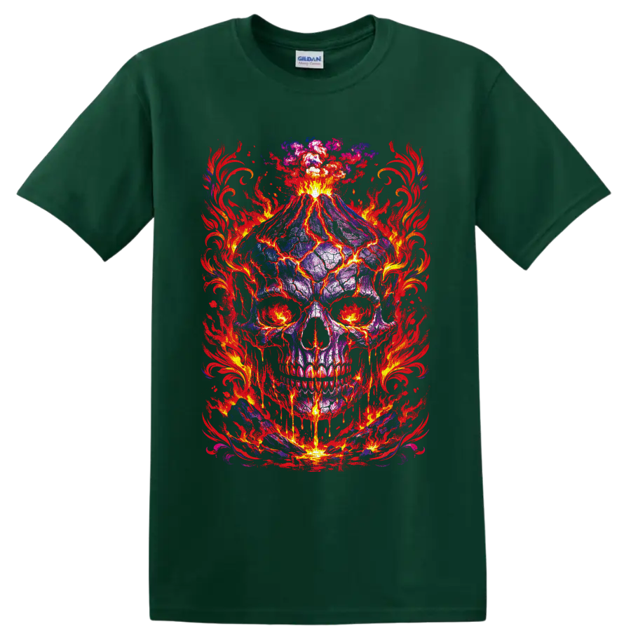 Volcanic purple skull with molten lava cracks, erupting fire, and red flame artwork on a Forest Green T Shirt