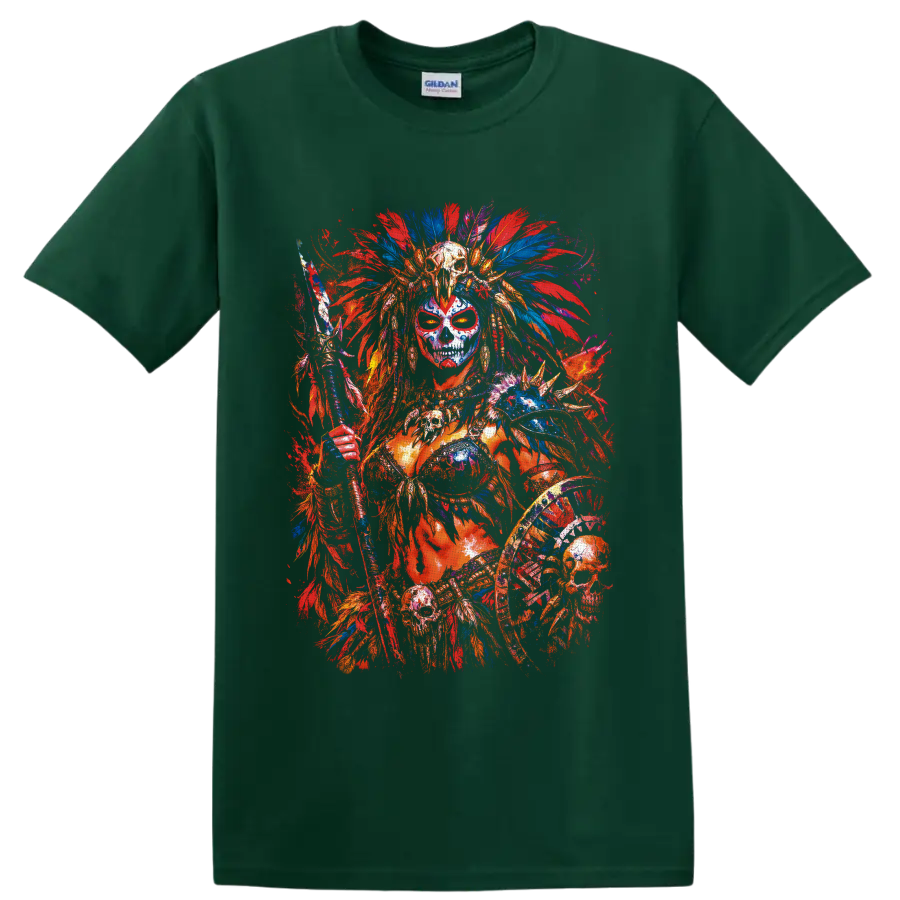Skull-faced fantasy warrior with feather headdress, staff, shield, and vivid paint on a Forest Green T Shirt