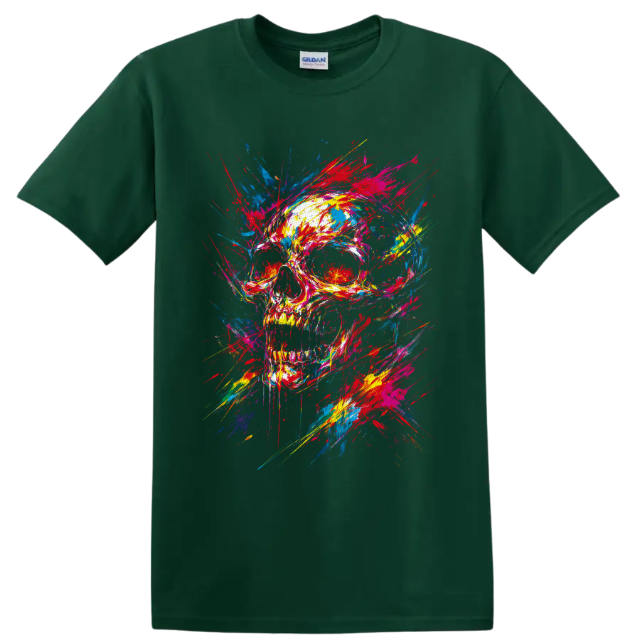 Colorful skull with explosive paint splatters and graffiti-style brushstrokes on a Forest Green T Shirt