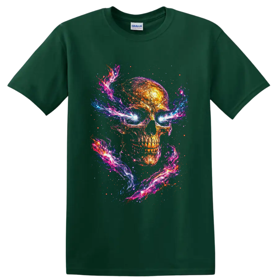Fiery cosmic skull with neon galaxy swirls, electric blue eyes, and starlight on a Forest Green T Shirt
