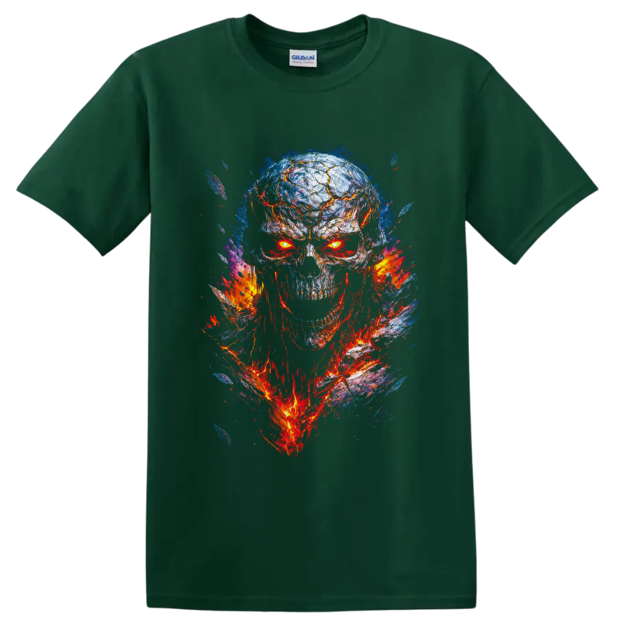 Molten lava skull illustration with glowing eyes and blue flame-like splashes on a Forest Green T Shirt