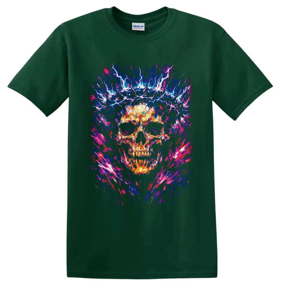 Fiery skull with electric lightning in neon blue, pink, and abstract brushstroke art on a Forest Green T Shirt