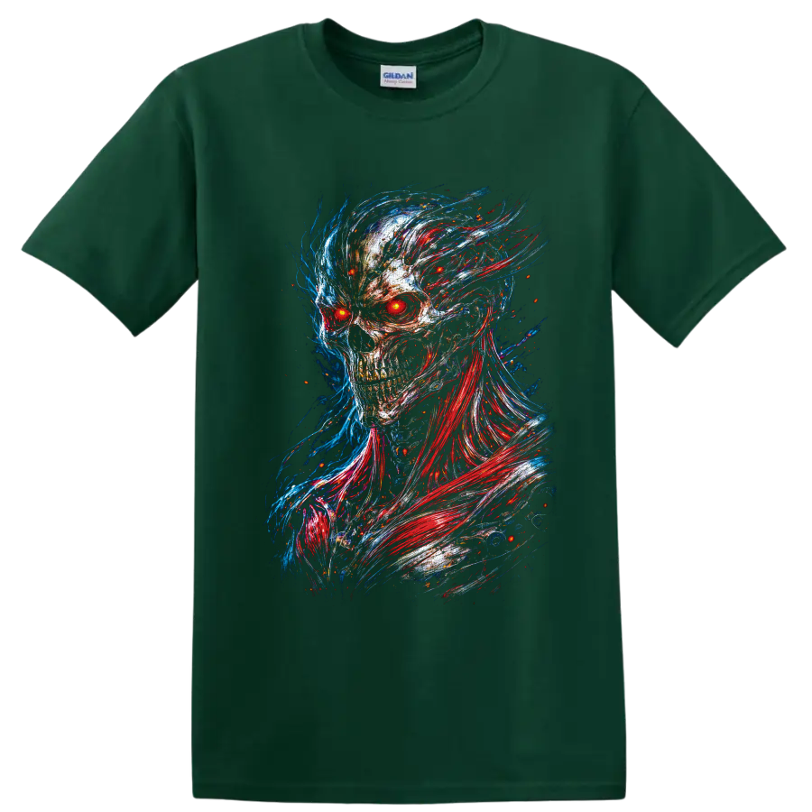 Cyberpunk skull with glowing red eyes and red blue neon glitch-art energy trails on a Forest Green T Shirt