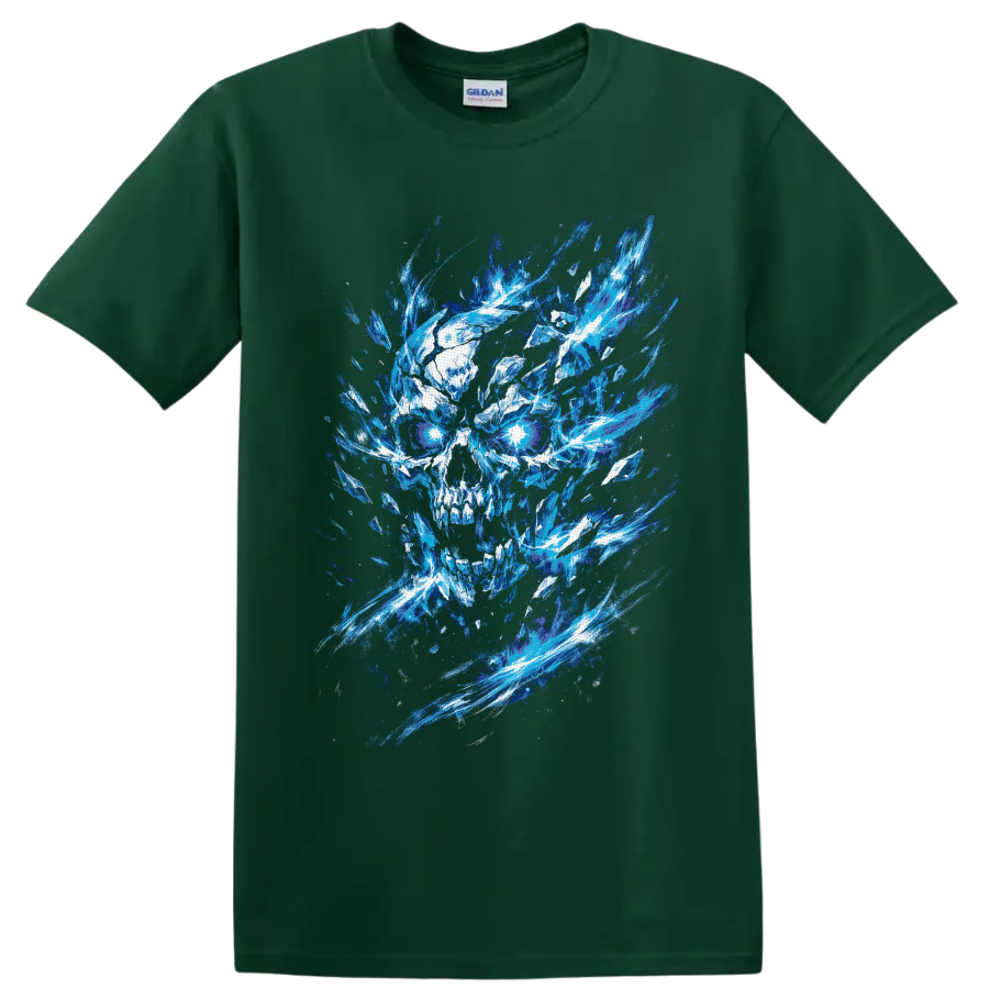 Blue ice skull illustration with glowing eyes and exploding crystal shards on a Forest Green T Shirt