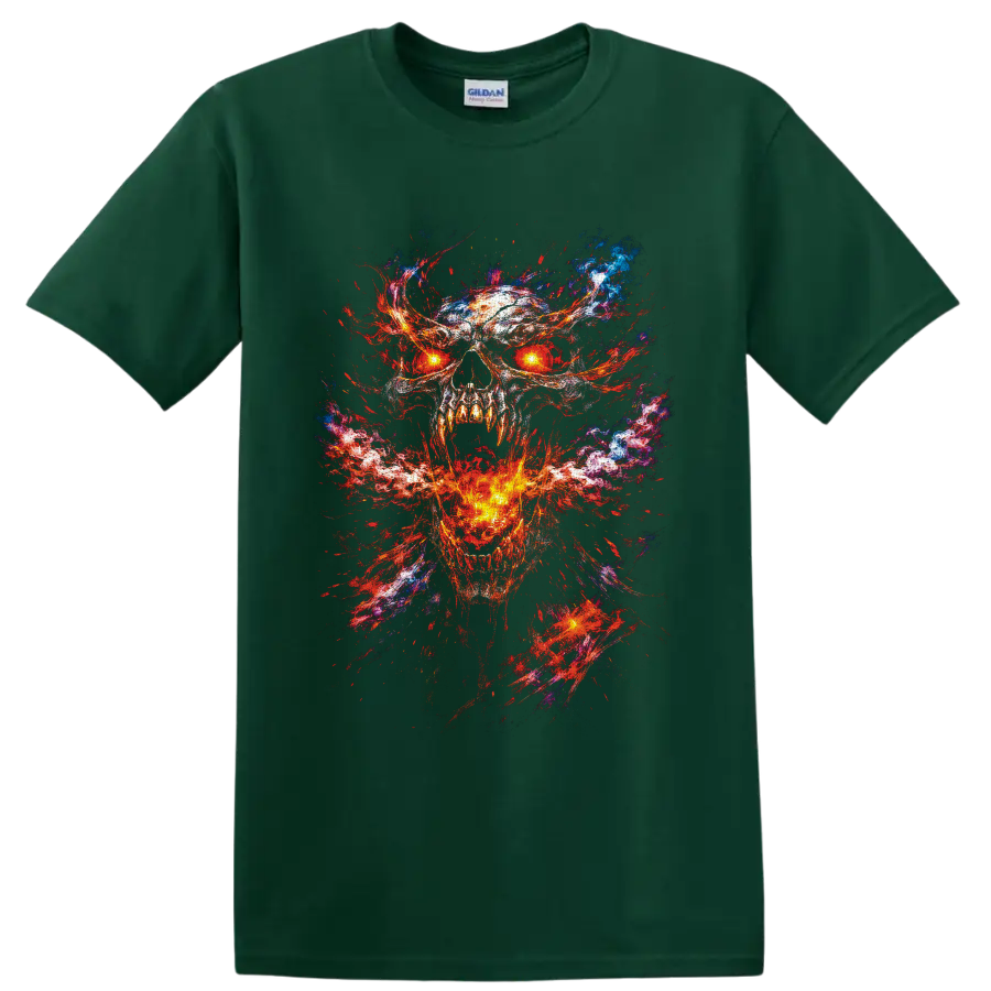 Glowing-eyed flaming skull in fiery gothic horror paint-splatter art on a Forest Green T Shirt