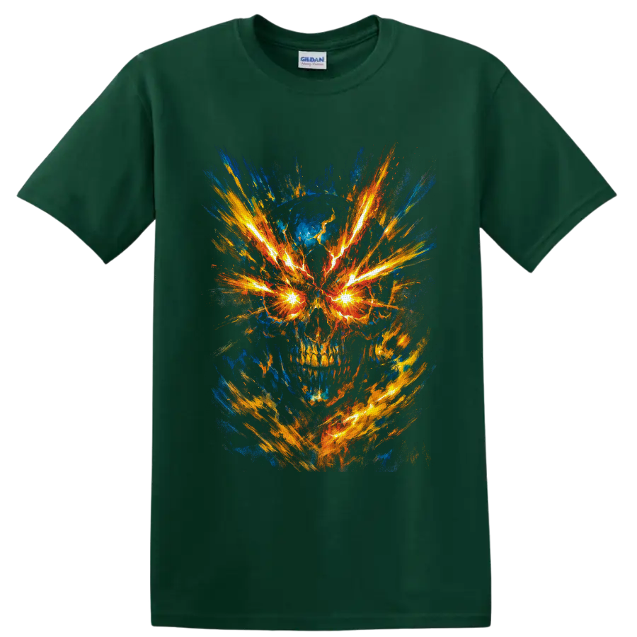 Abstract fiery skull with glowing electric eyes and explosive blue and gold brushstrokes on a Forest Green T Shirt