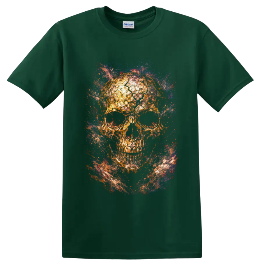 Golden skull with swirling blue, purple, and red galaxy-style splatter art on a Forest Green T Shirt