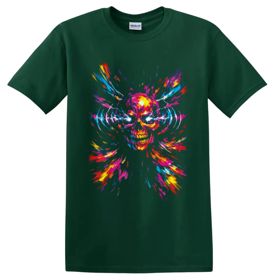 Neon paint splash skull with electric eyes and radiating abstract brush strokes on a Forest Green T Shirt