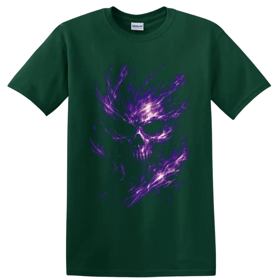 Abstract purple energy skull with glowing violet streaks in gothic horror style on a Forest Green T Shirt