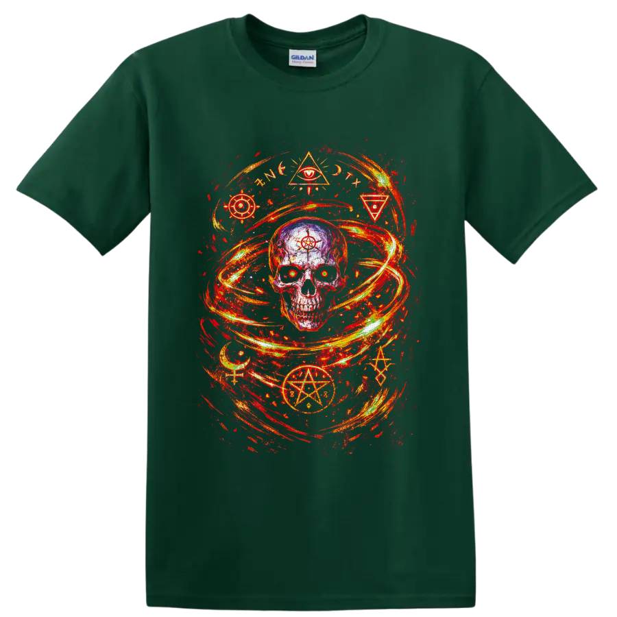 Distressed occult skull with pentagram, crescent moons, symbols, and fiery swirling on a Forest Green T Shirt