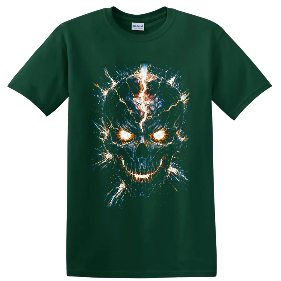 Electric blue skull graphic with blazing eyes, cracked lightning, and fiery sparks on a Forest Green T Shirt