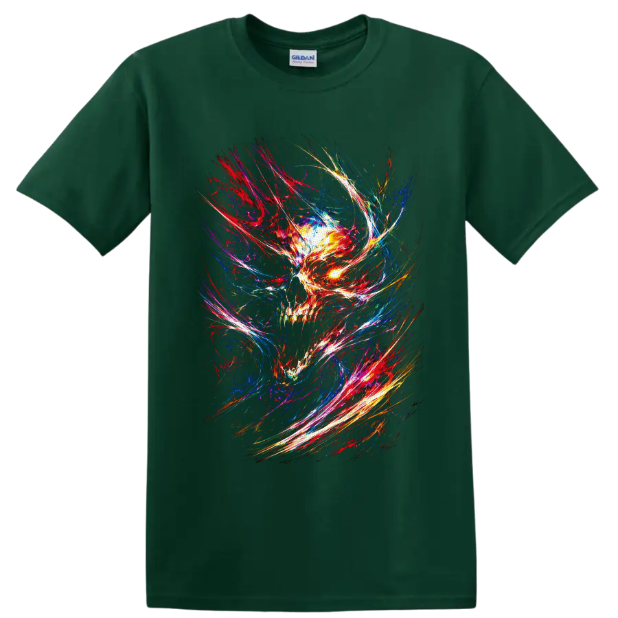 Abstract neon skull with glowing eye and psychedelic multicolor light trails on a Forest Green T Shirt