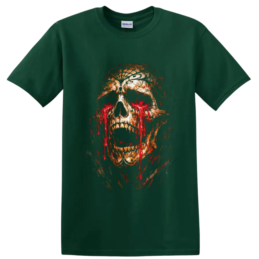 Distressed bleeding skull illustration with cracked textures, hollow eyes, and red drips on a Forest Green T Shirt