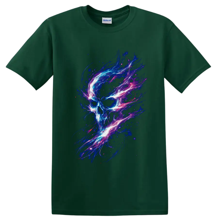 Neon cosmic skull illustration with swirling blue, pink, purple, and white energy on a Forest Green T Shirt