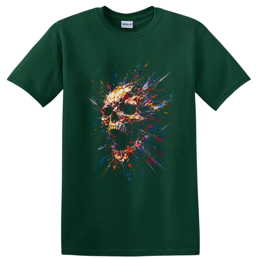 Abstract skull illustration with explosive colorful paint strokes and splatters on a Forest Green T Shirt