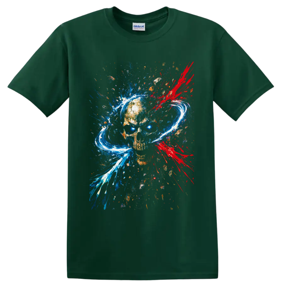 Abstract weathered skull with blue paint splashes, red splatters, and white brushstroke on a Forest Green T Shirt