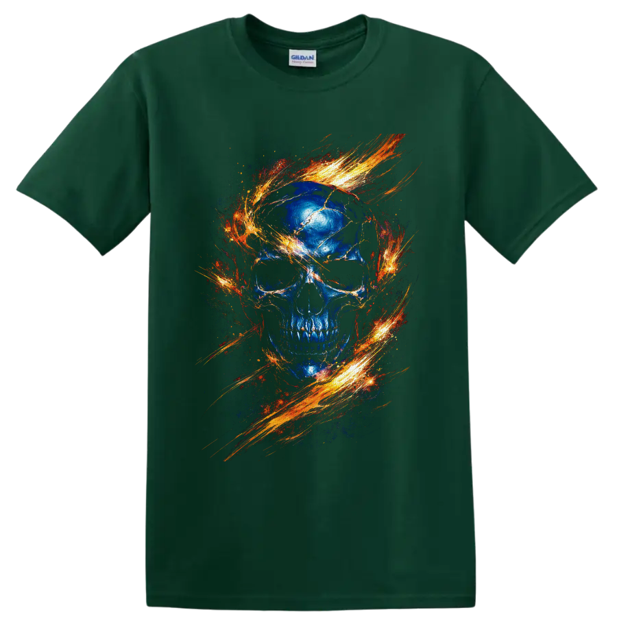 Blue cracked skull with swirling fiery orange gothic flame artwork on a Forest Green T Shirt