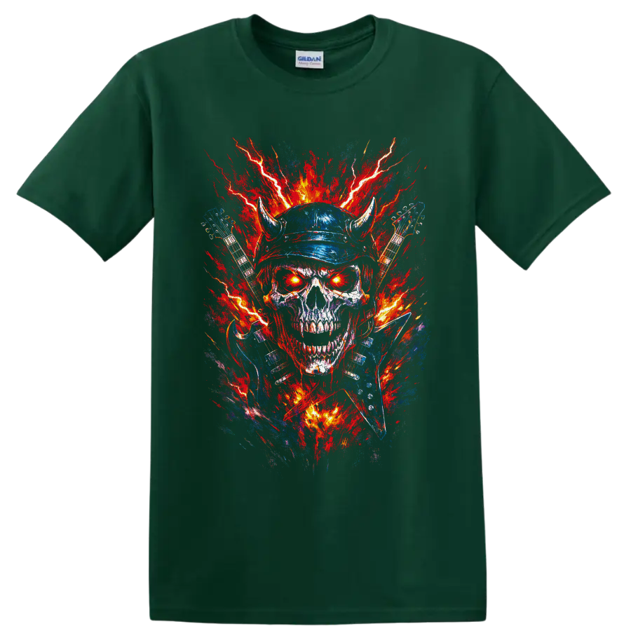 Horned skull with electric guitars, lightning, and fiery heavy metal splatter art on a Forest Green T Shirt
