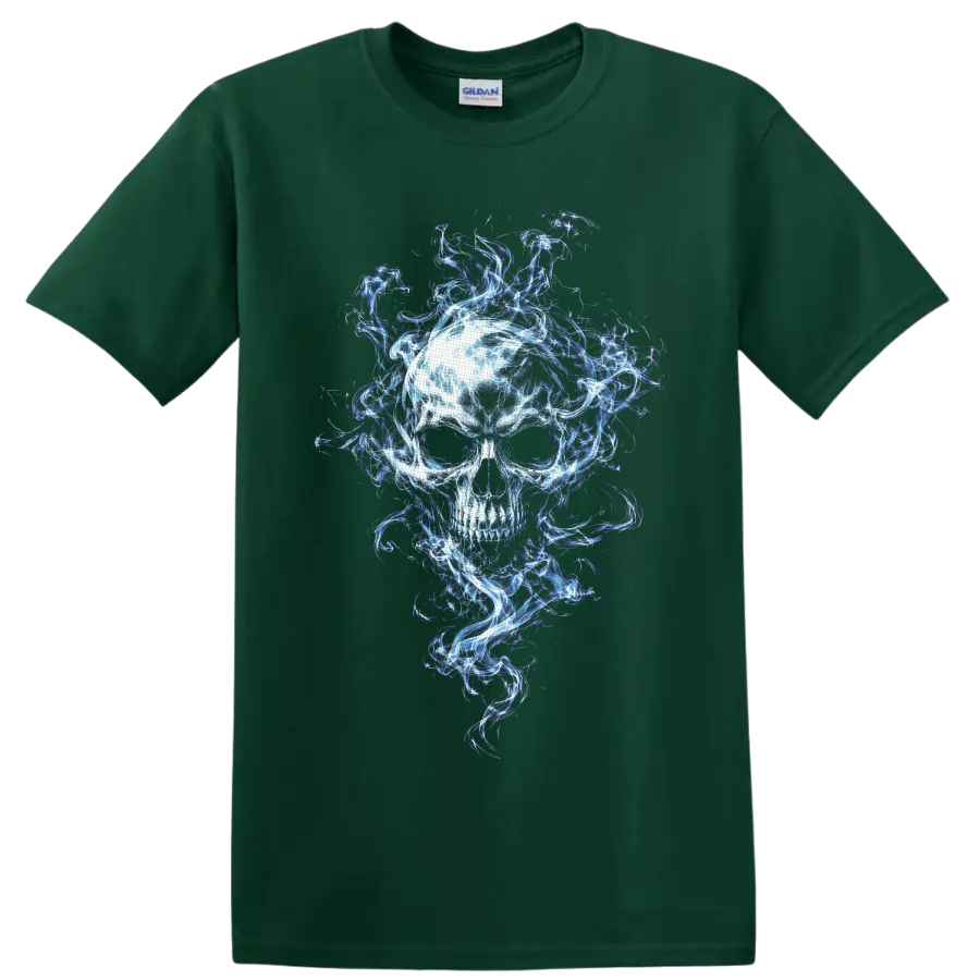 Luminous skull surrounded by swirling blue, white, and violet spectral flames on a Forest Green T Shirt