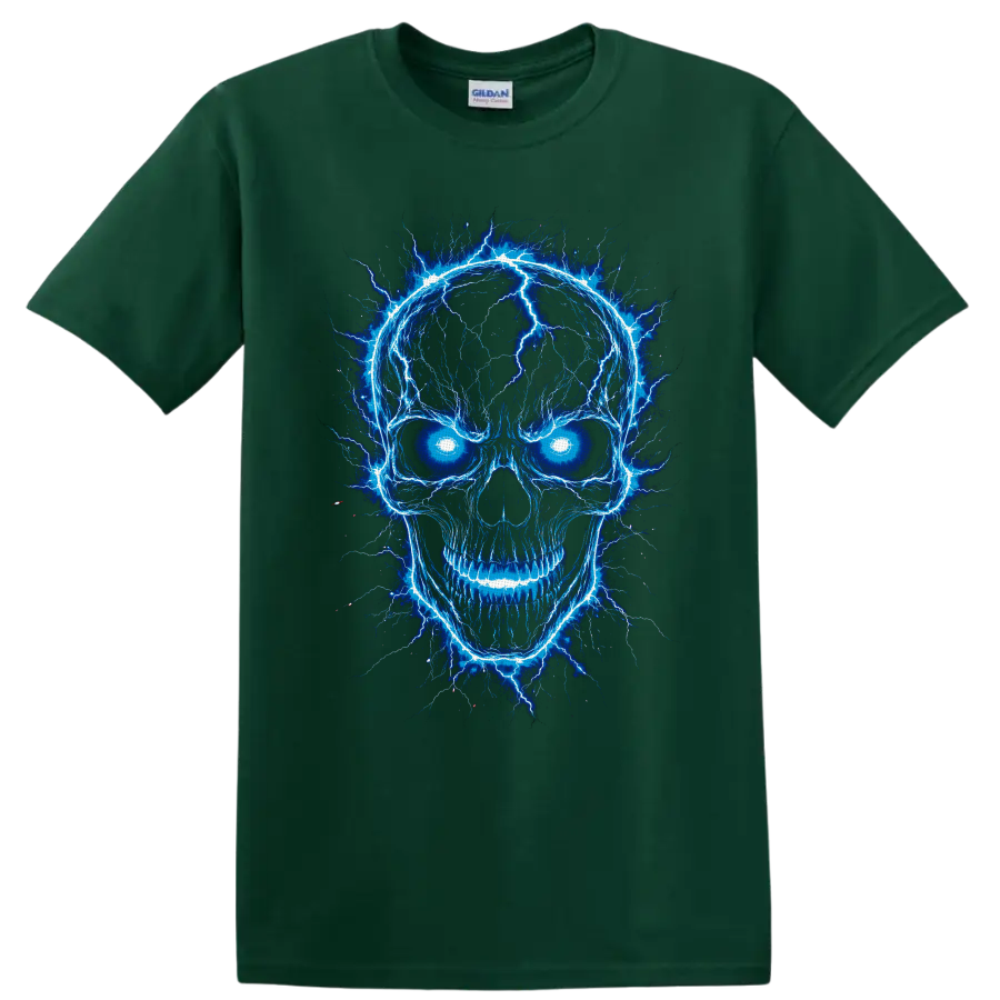 Electric blue lightning skull graphic with glowing eyes and gothic horror linework on a Forest Green T Shirt