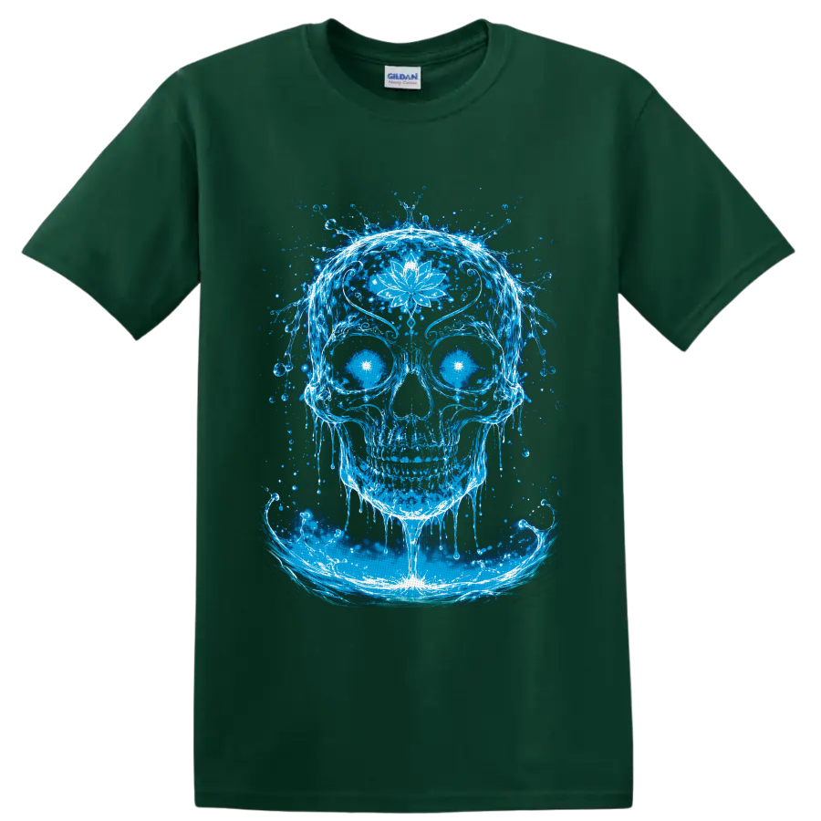 Glowing blue water skull with white lotus flower, radiant eyes, and splash art waves on a Forest Green T Shirt