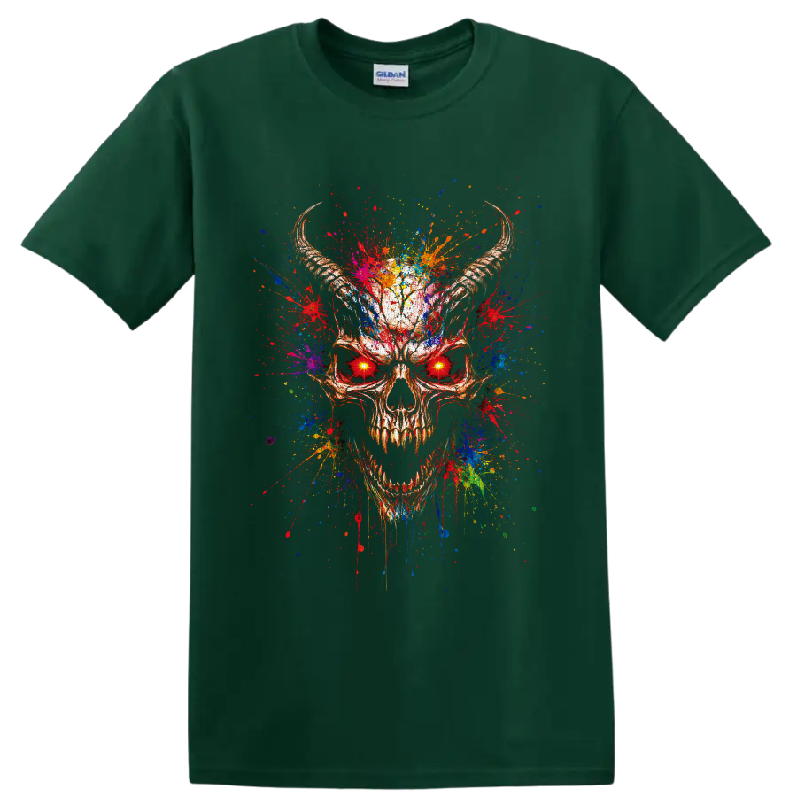 Horned skull with glowing red eyes and vivid multicolor paint splatter artwork on a Forest Green T Shirt