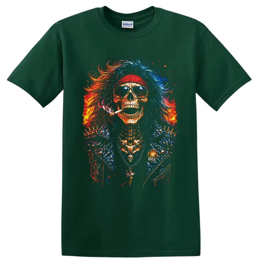 Colorful punk rock skull in sunglasses, red headband, wild hair, and spiked jacket on a Forest Green T Shirt